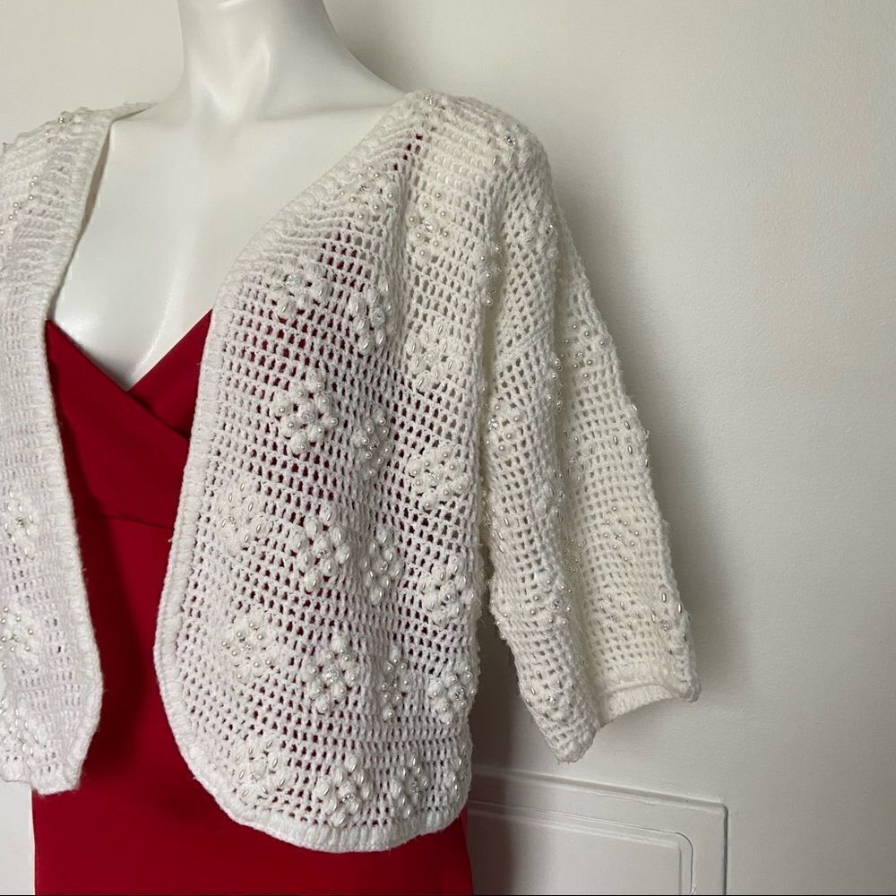 Vintage Hand knit Beaded Pom Cardigan Snowflake